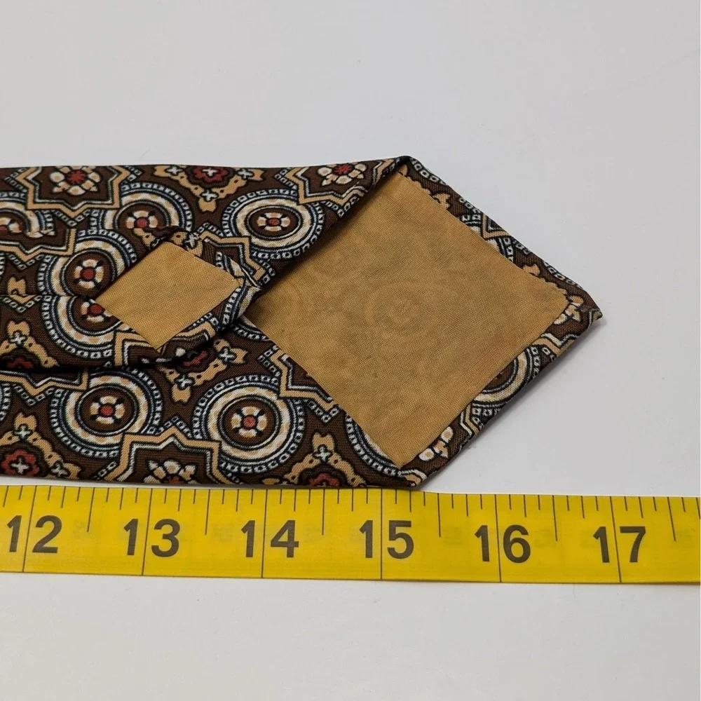 Vintage Boys Clip On Tie Medallion Geometric Pattern Brown Tan Formal Occasion